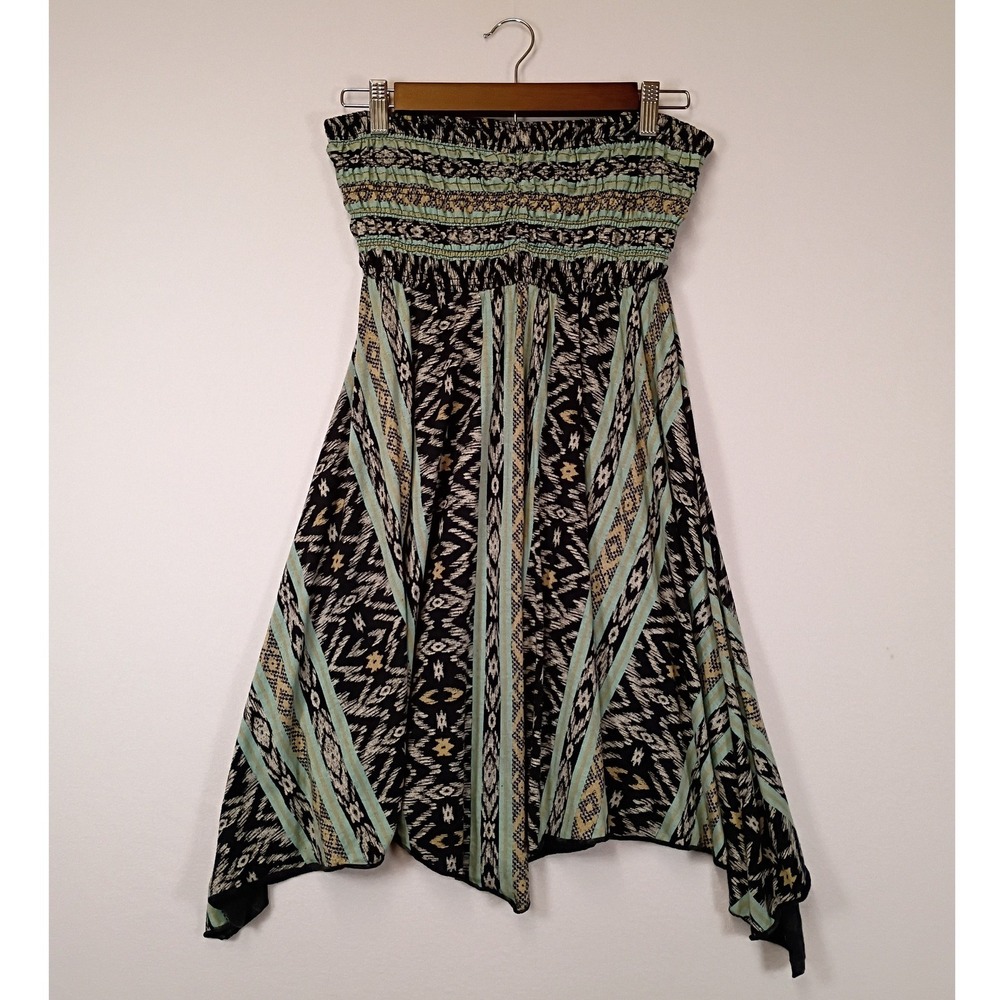 Boho Tribal Billabong Womens Medium Black Mint Smocked Handkerchief Tube Dress